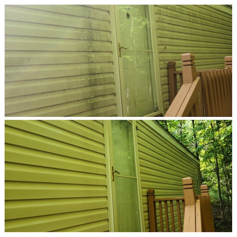 A before and after picture of a house 's siding being cleaned.