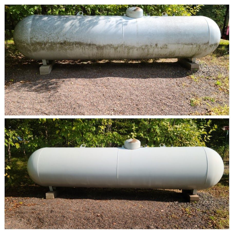 A before and after picture of a propane tank.