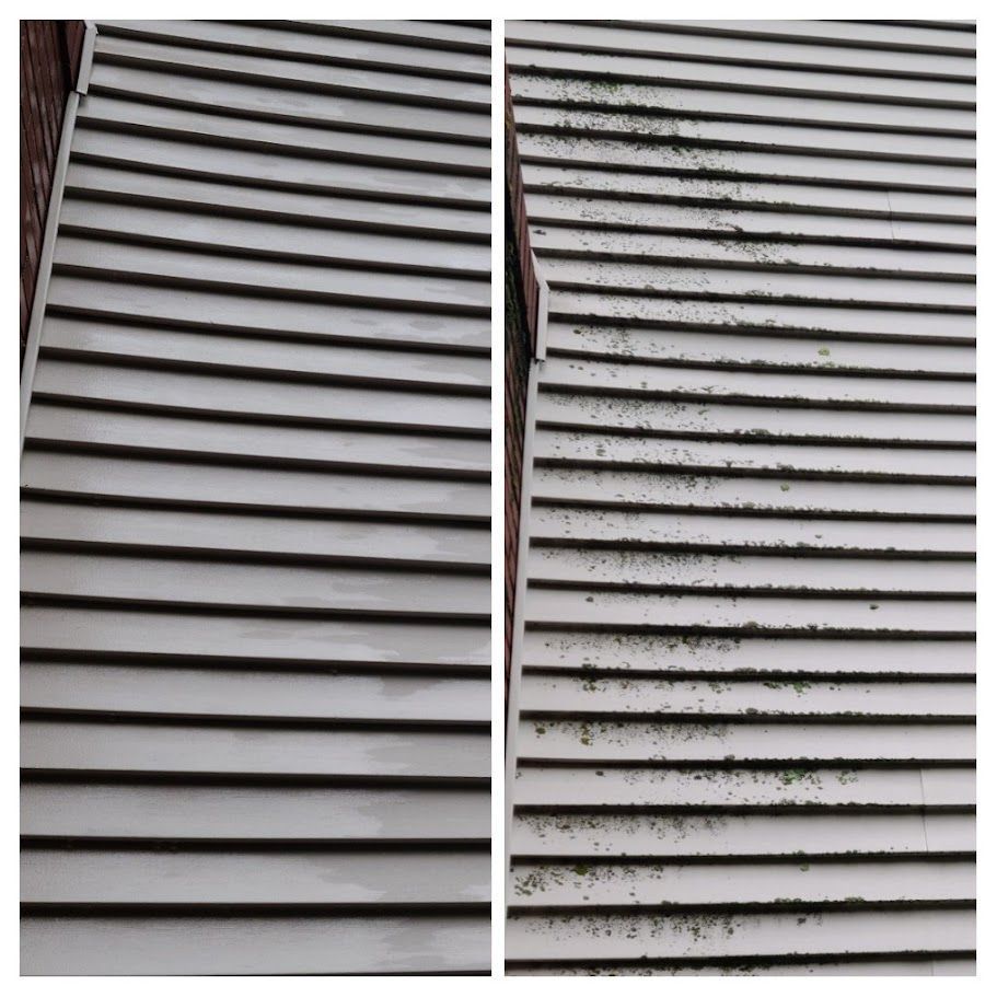 A before and after picture of a roof with a lot of stains on it.