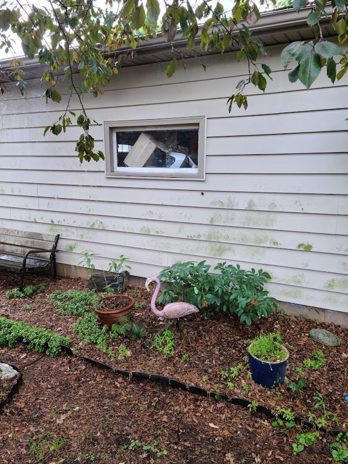 A pink flamingo is sitting in a garden in front of a white house.