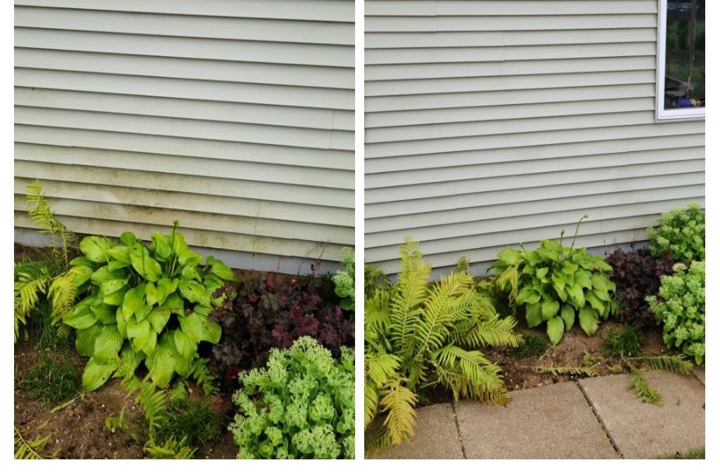 A before and after picture of a house with plants in front of it.