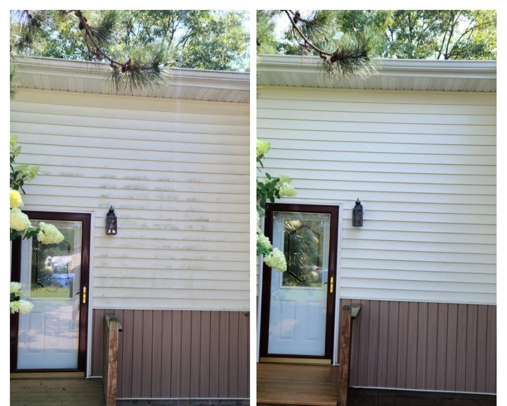 There is a before and after picture of a house.