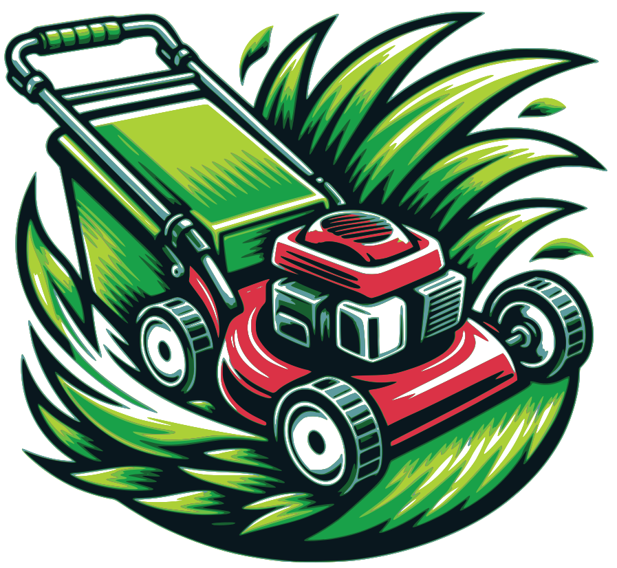 A red lawn mower surrounded by stylized green grass blades on a white background.