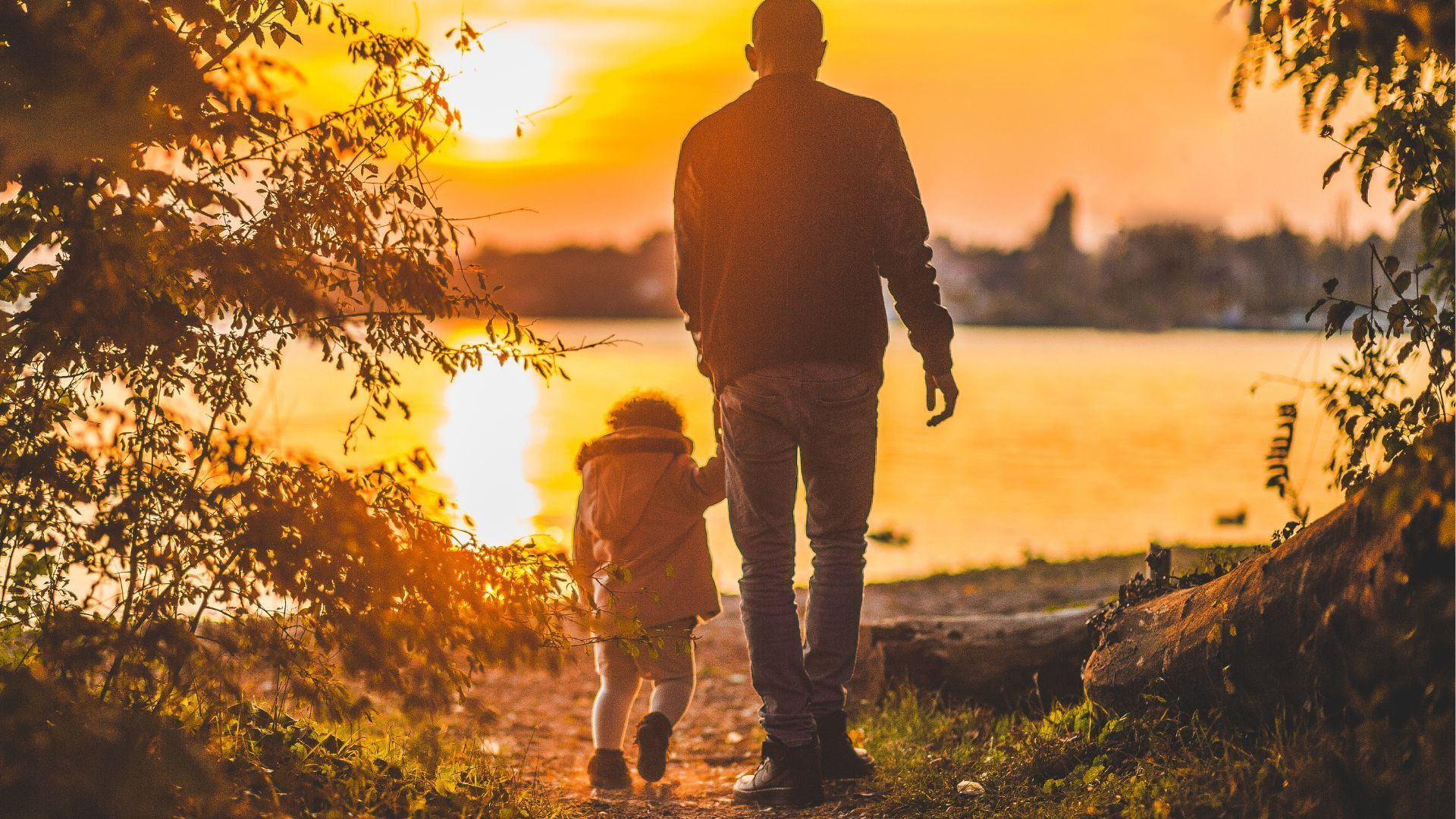 Father and child walking hand-in-hand toward a lake at sunset. Sunlit water, orange sky, and foliage frame them.