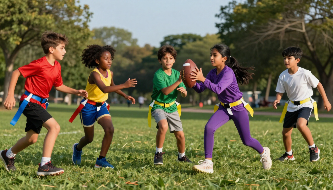 Kids playing football in a sunny park