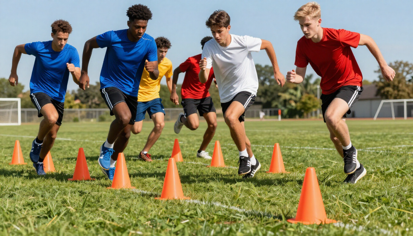 Kids running through agility cones
