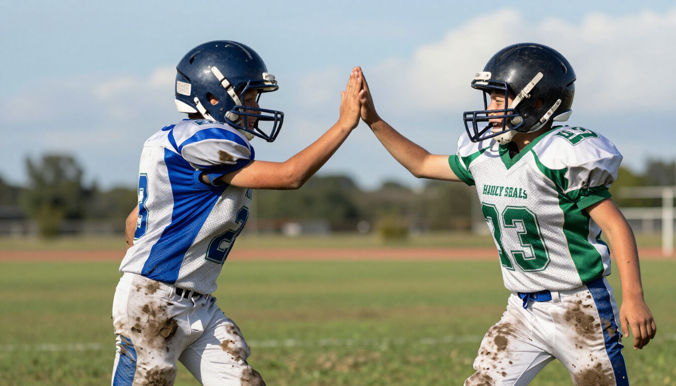 Young boy high-fiving teammate
