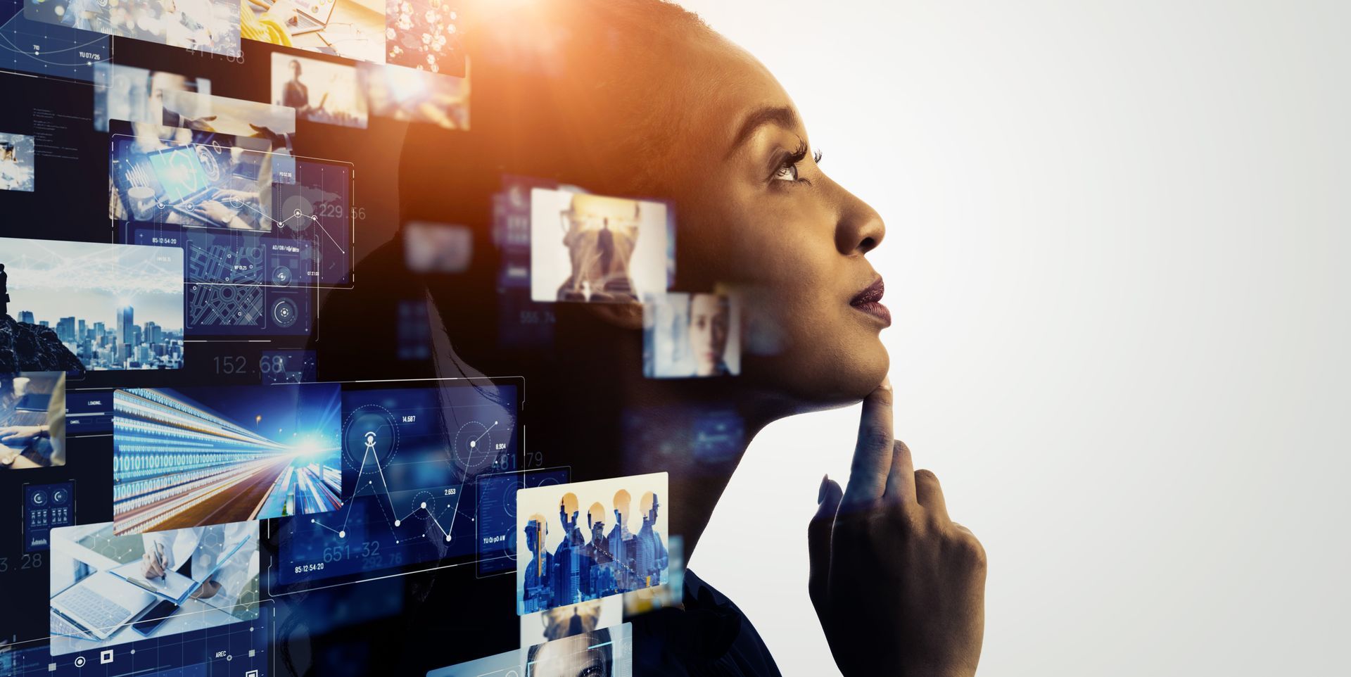 A double exposure of a woman 's face with a collage of pictures coming out of her head.