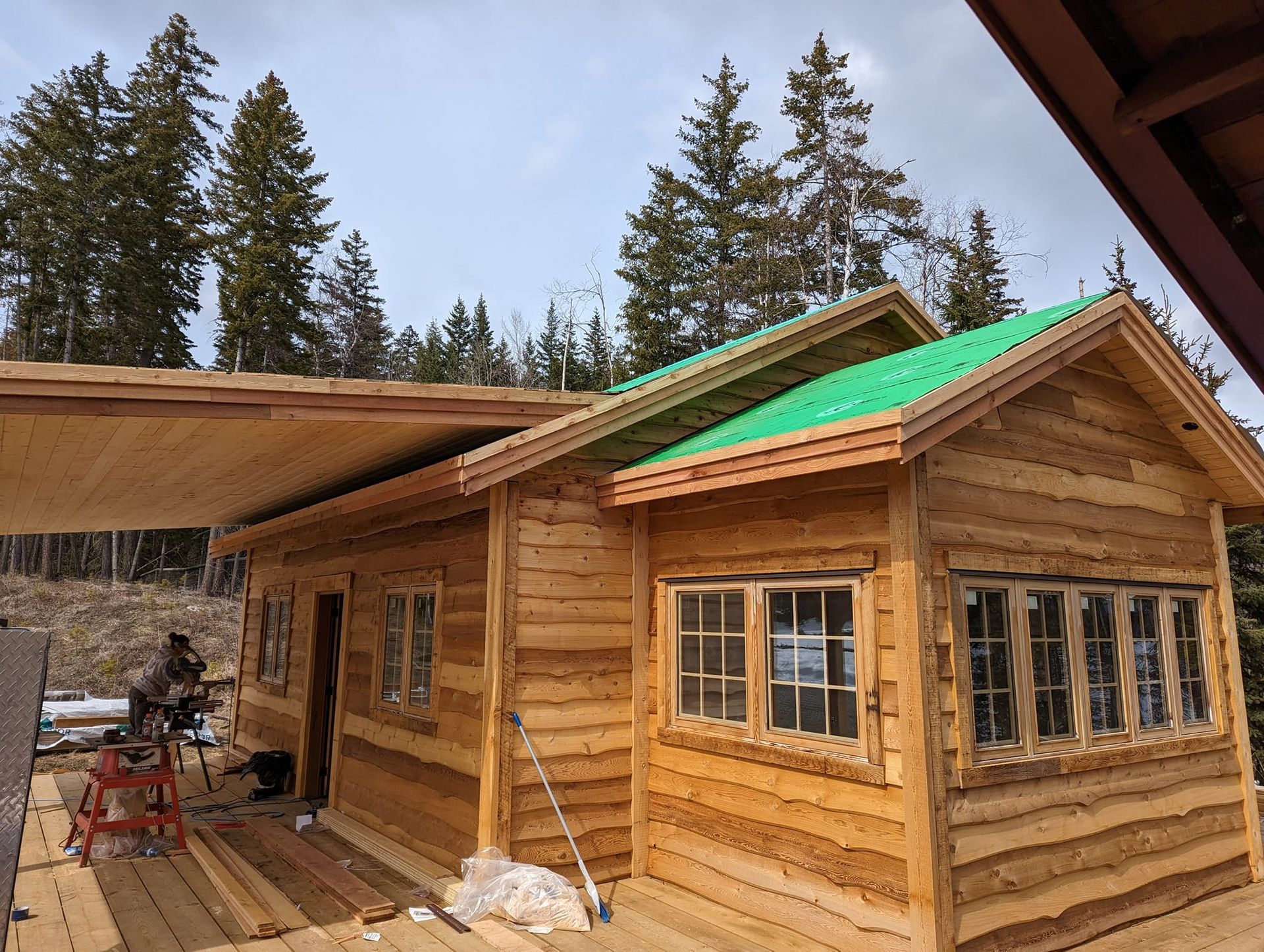 Log cabin with green roof in a wooded area under a partially cloudy sky.