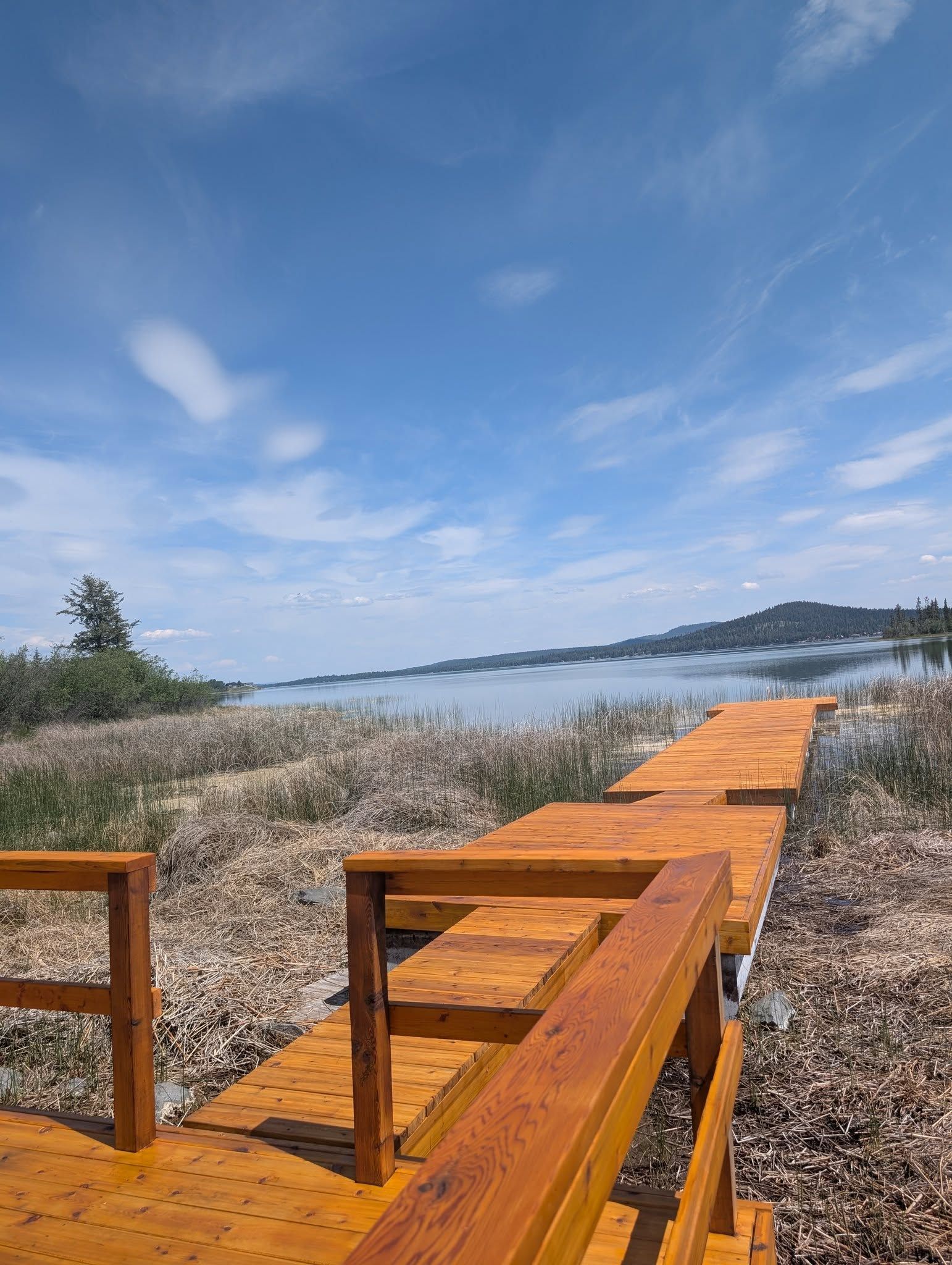 Wooden dock extending towards a calm lake under a blue sky with scattered clouds.