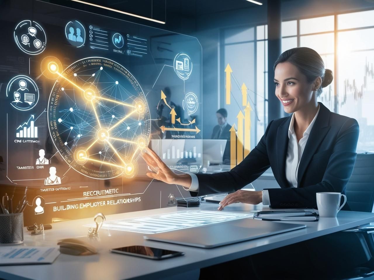 A woman is sitting at a desk in front of a futuristic screen.