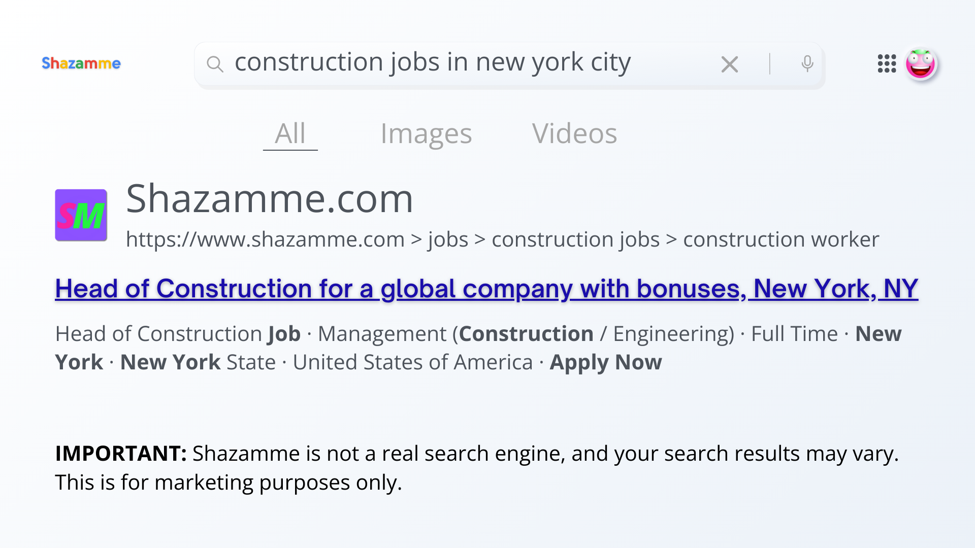 A google search for construction jobs in new york city