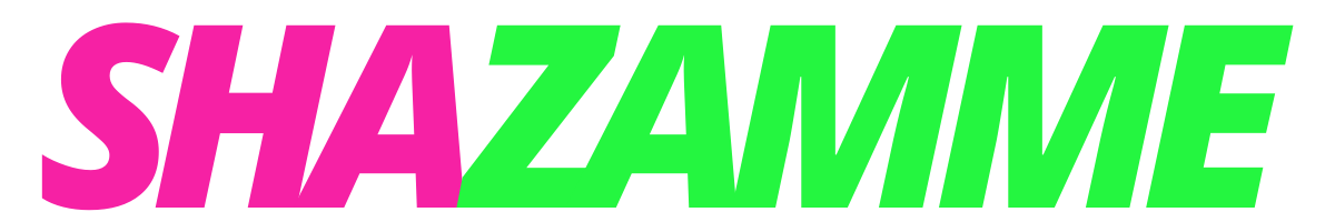 A pink and green shazamme logo on a white background