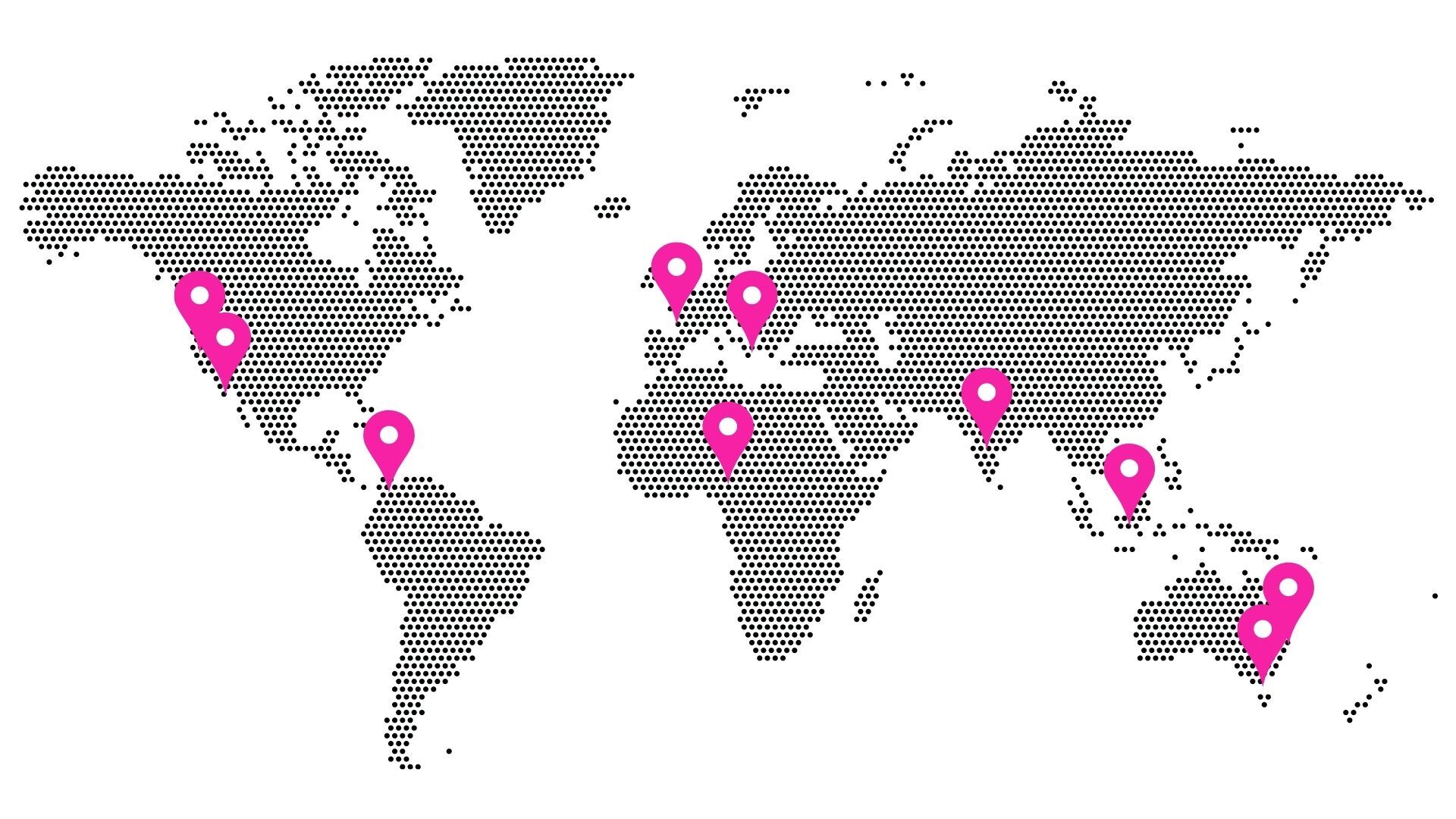 A map of the world with pink pins on it.