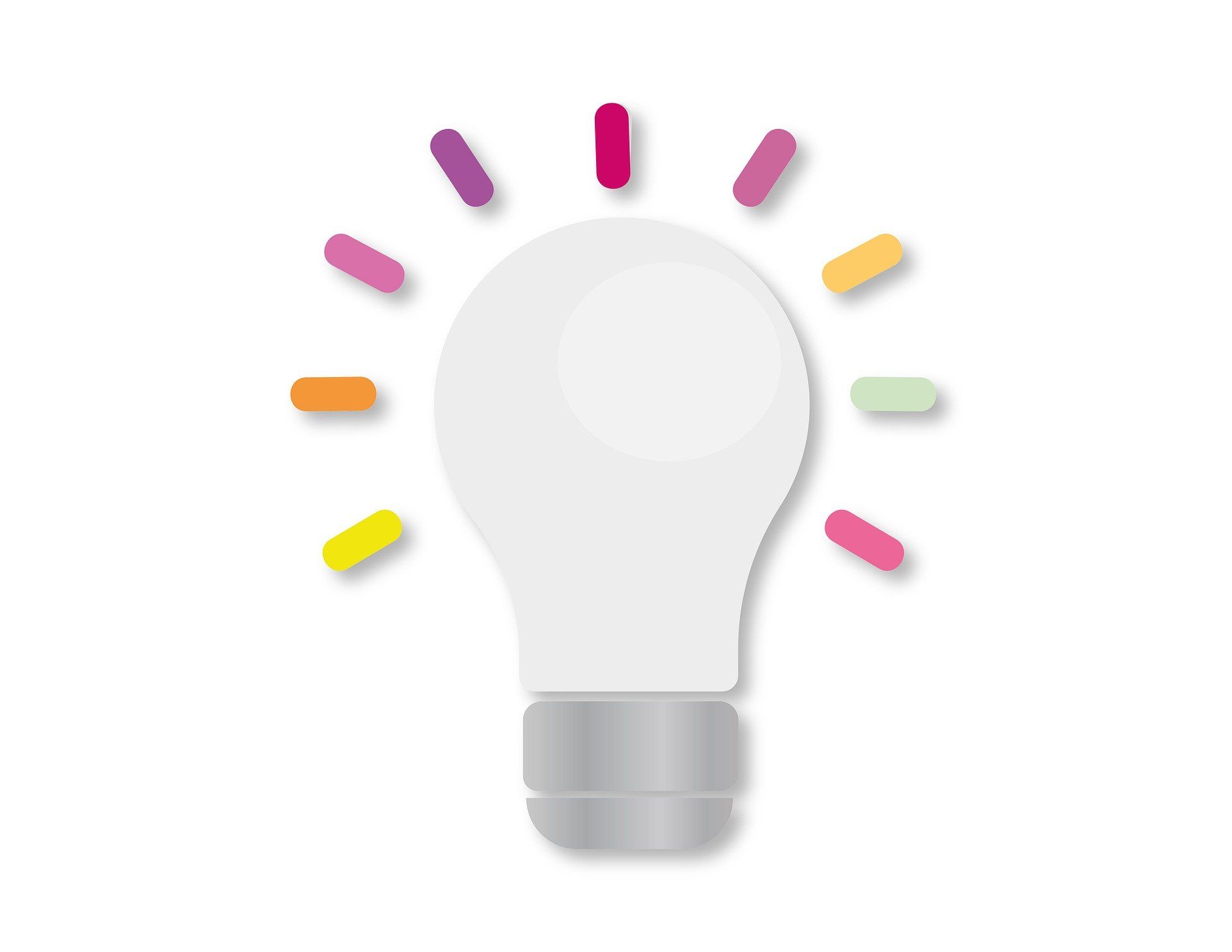 A light bulb with colorful rays around it on a white background.
