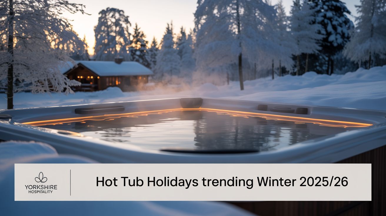 Steaming hot tub at Kiplin Lodge Park with snow-covered Yorkshire countryside views
