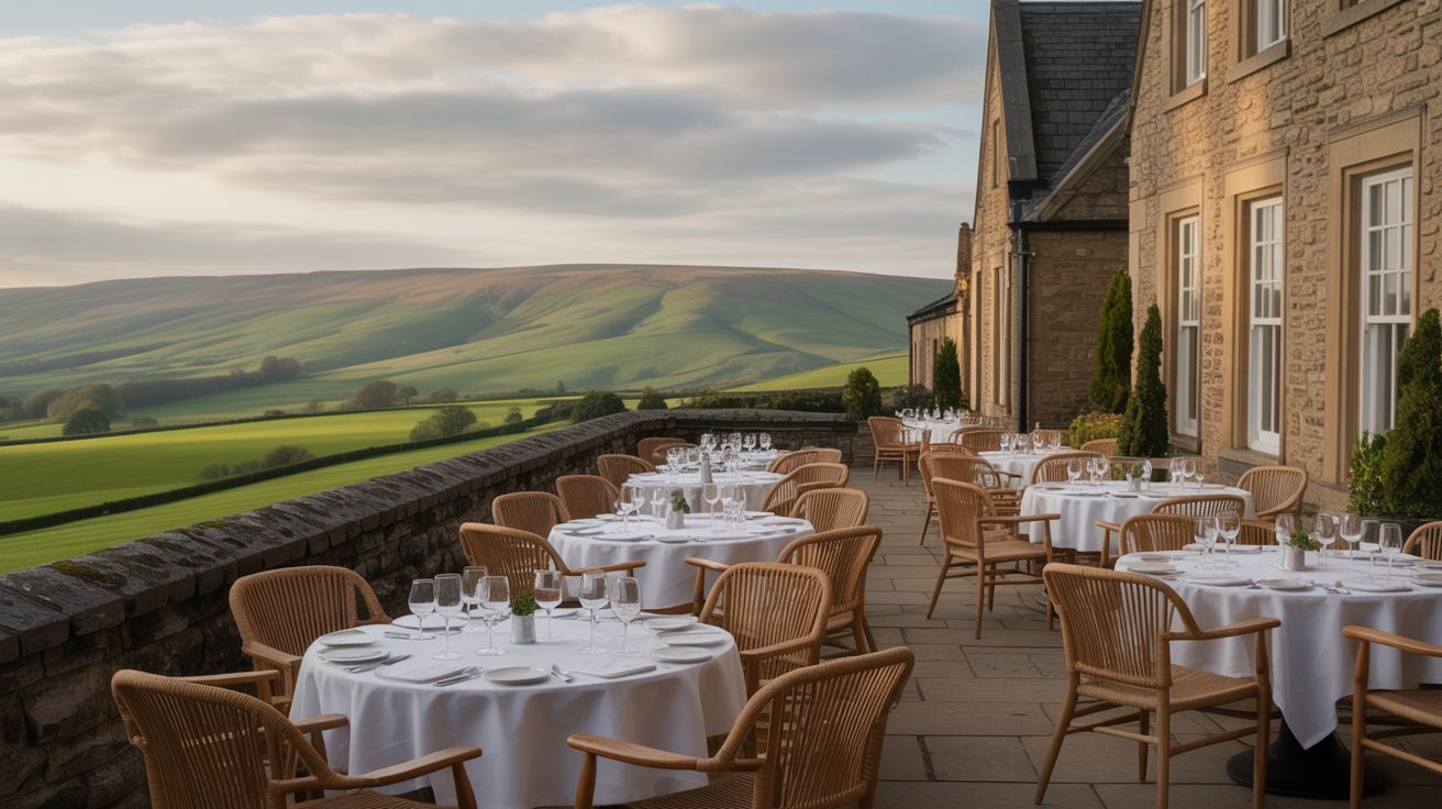Yorkshir Dales fine dining restaurants near Kiplin Lodge Park showing elegant outdoor terrace overlo