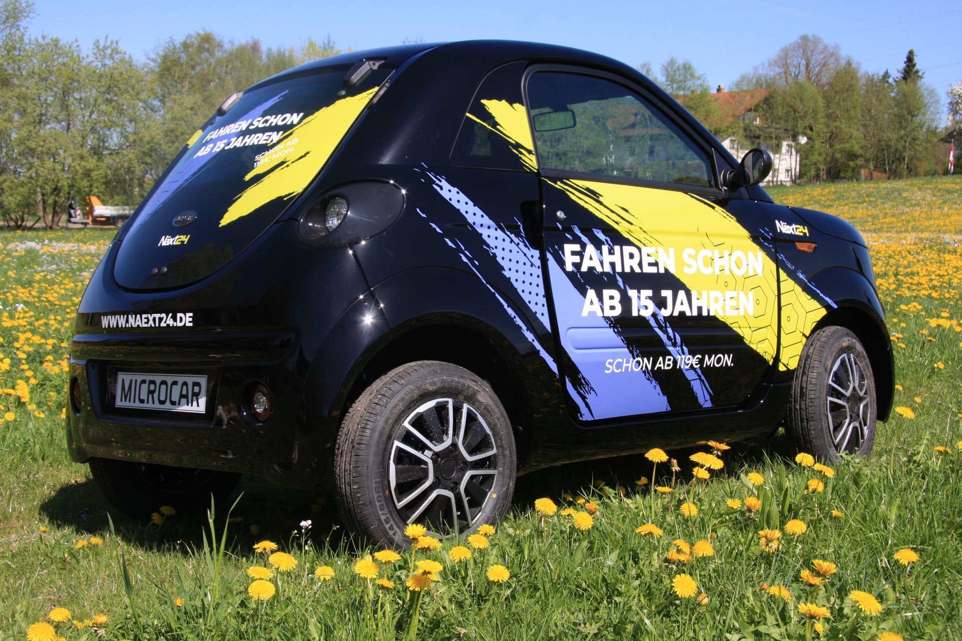 Ein schwarz-gelbes Auto mit Beklebung ist in einem Löwenzahnfeld geparkt.
