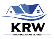 The logo for krw roofing and guttering shows a house with two roofs.