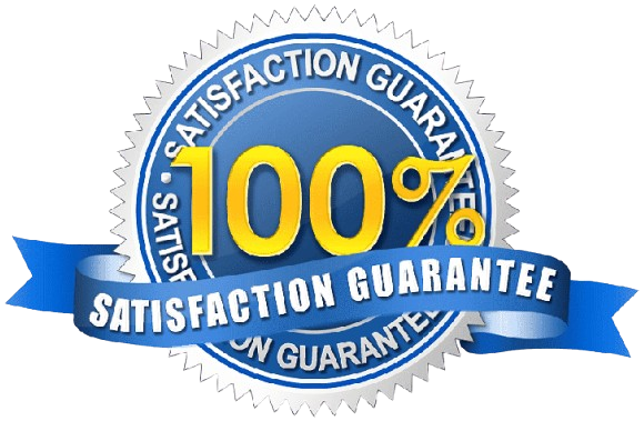 A 100 % satisfaction guarantee seal with a blue ribbon