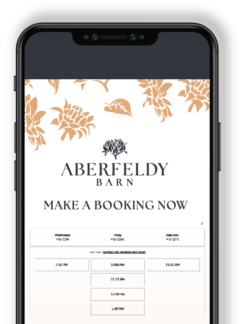 A cell phone displaying the Aberfeldy Barn booking system