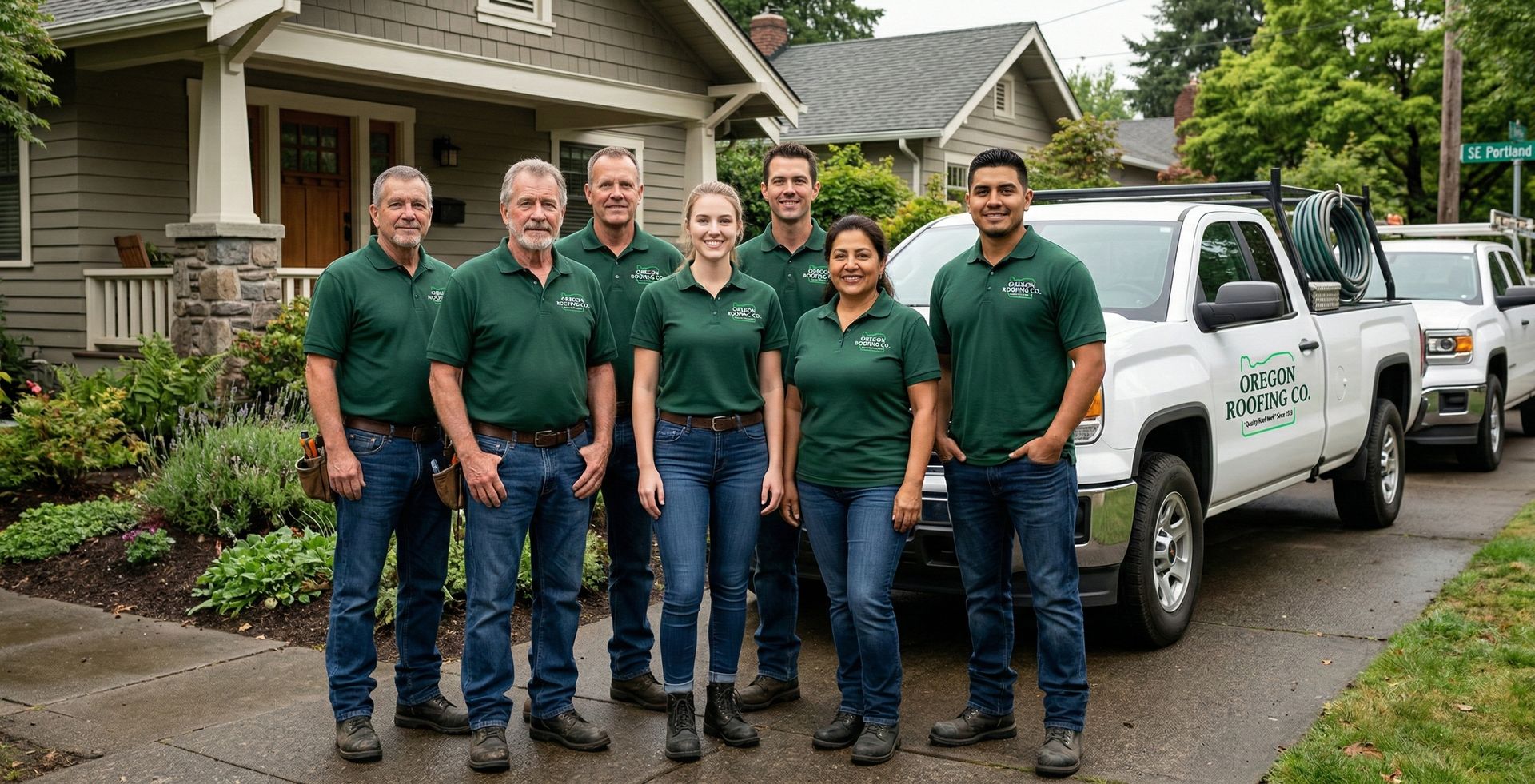 A group of people are posing for a picture in front of their trucks.