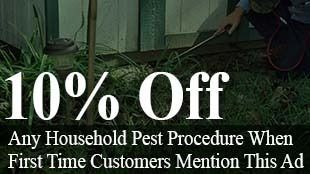 A sign that says 10 % off any household pest procedure when first time customers mention this ad