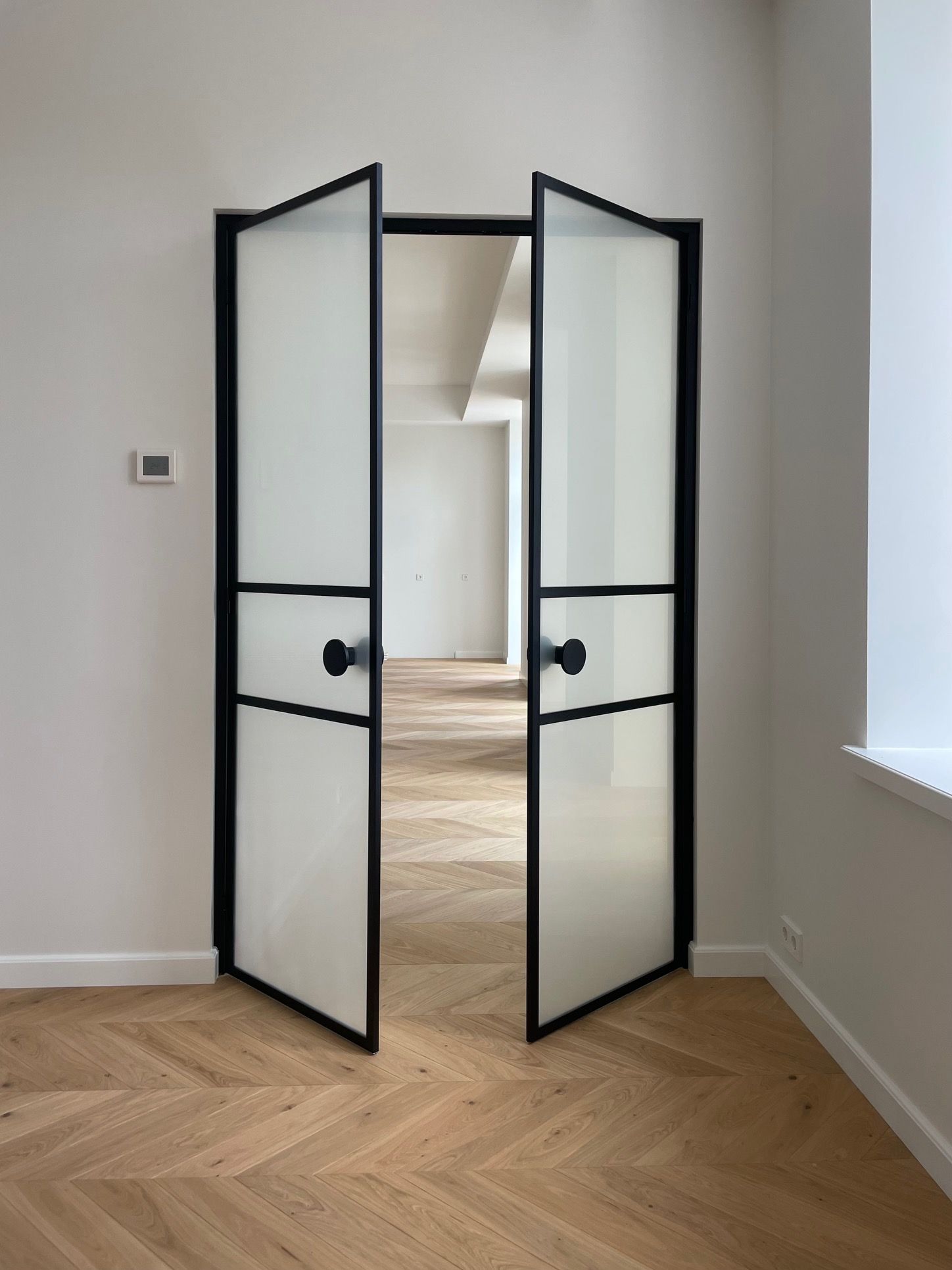 Klaasuksed mustas raamis, mattklaas