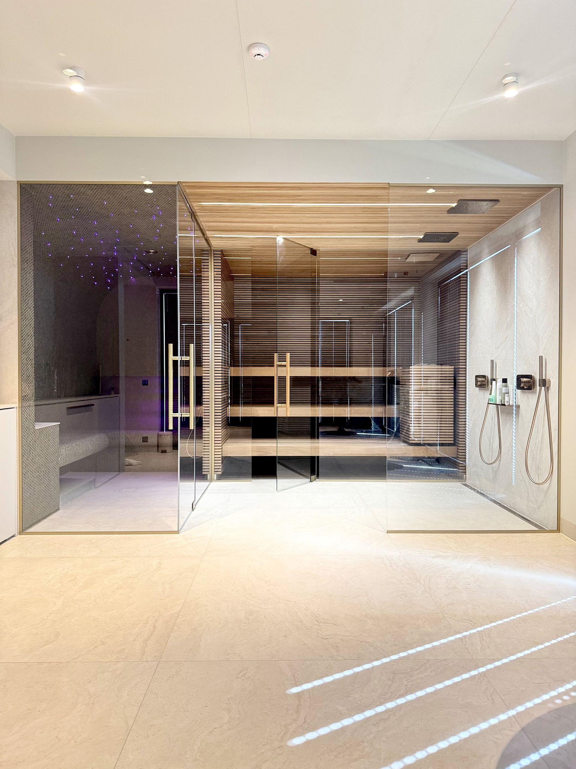 Leilisauna ja aurusauna klaasseinas  - eriti kirgas klaas, harjatud pronks furntiuur. sauna klaasseinad pärnu, sauna klaasuks Tartu, sunaklaassein Haapsalu, 