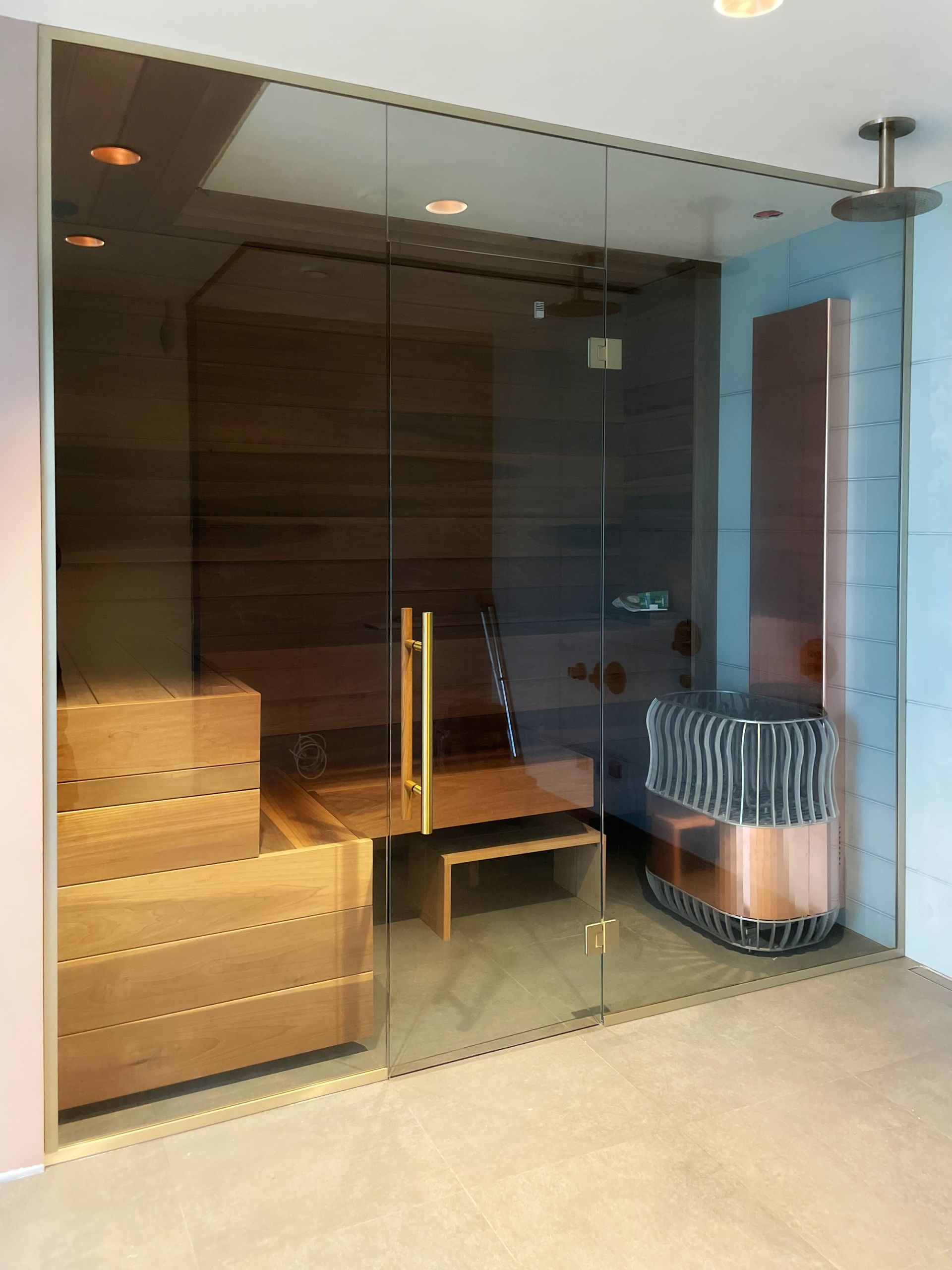 Sauna klaassein uksega - kirgas klaas, harjatud pronks furnituur ja profiil