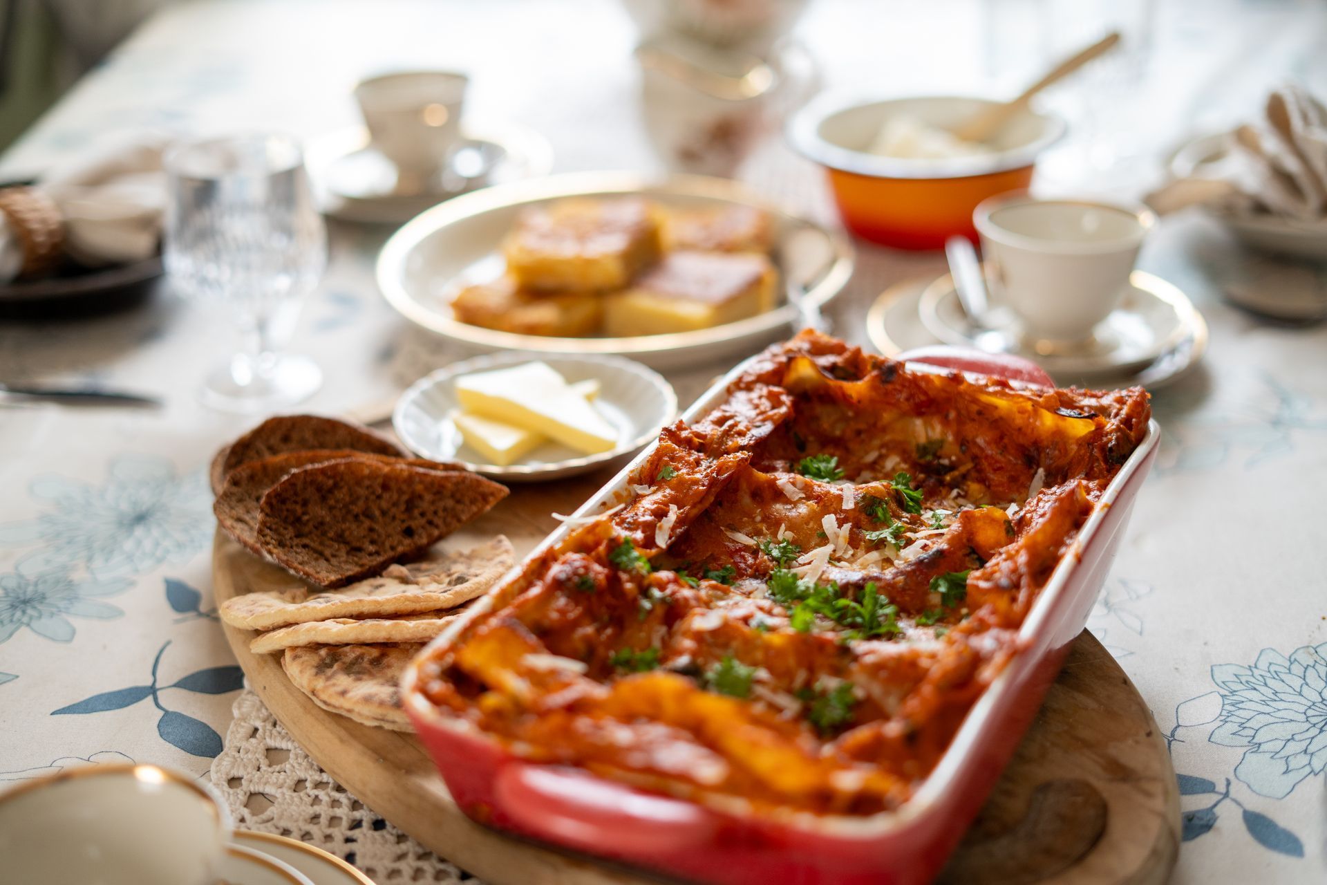 Traditional Finnish food set on table with vintage style dishware 