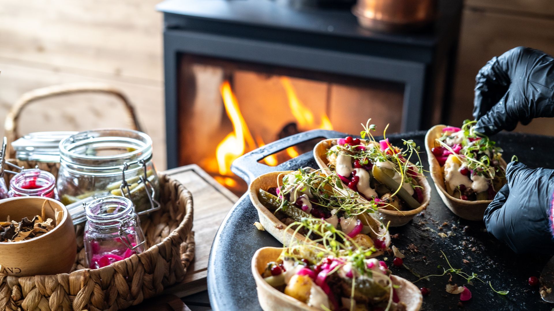 Colorful food in front of fire place.
