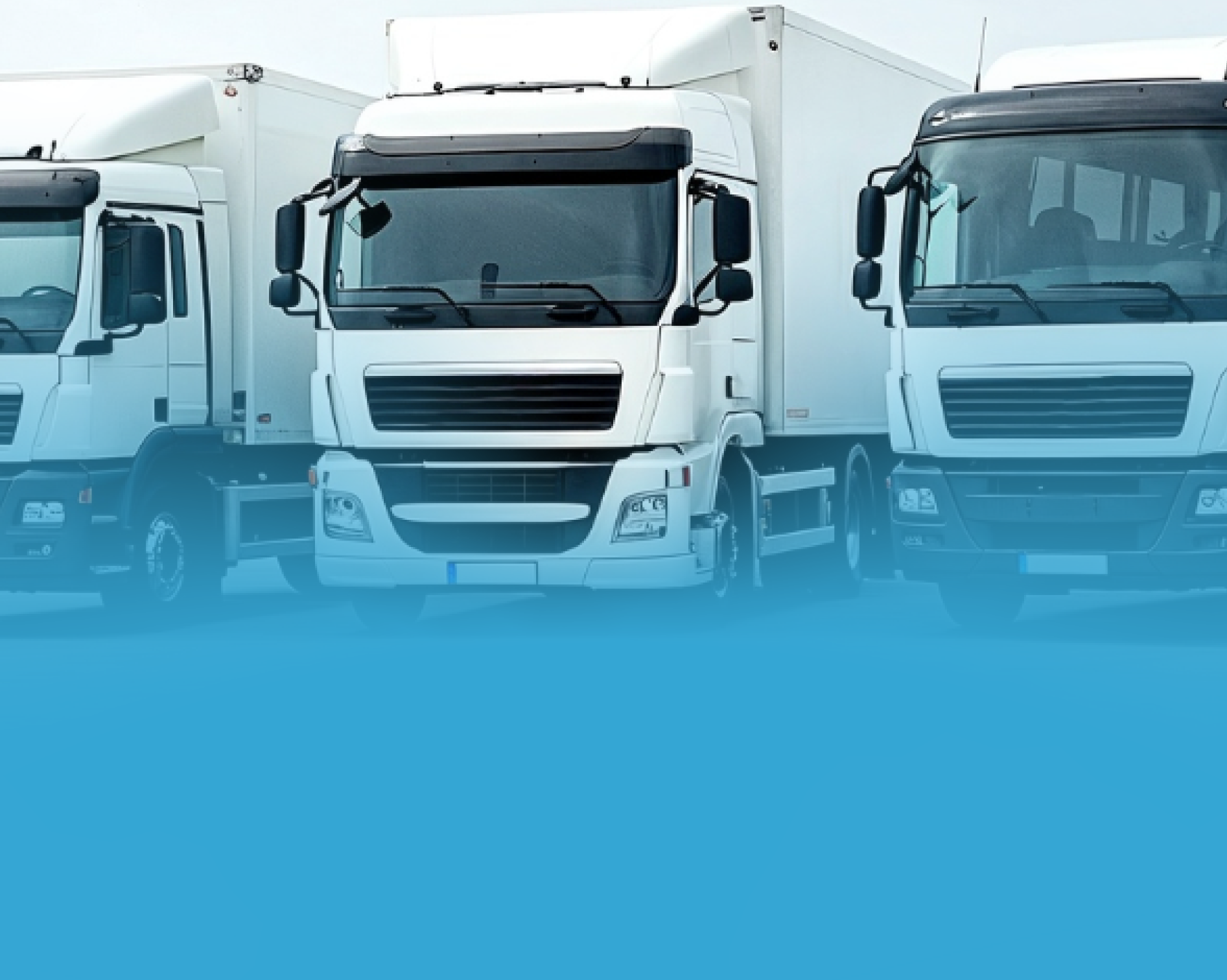 Caminhões de entrega brancos em uma fileira, fundo gradiente azul.