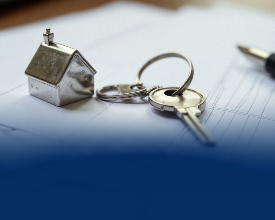 Casa em miniatura, chaves e caneta em um documento, sugerindo uma transação imobiliária.