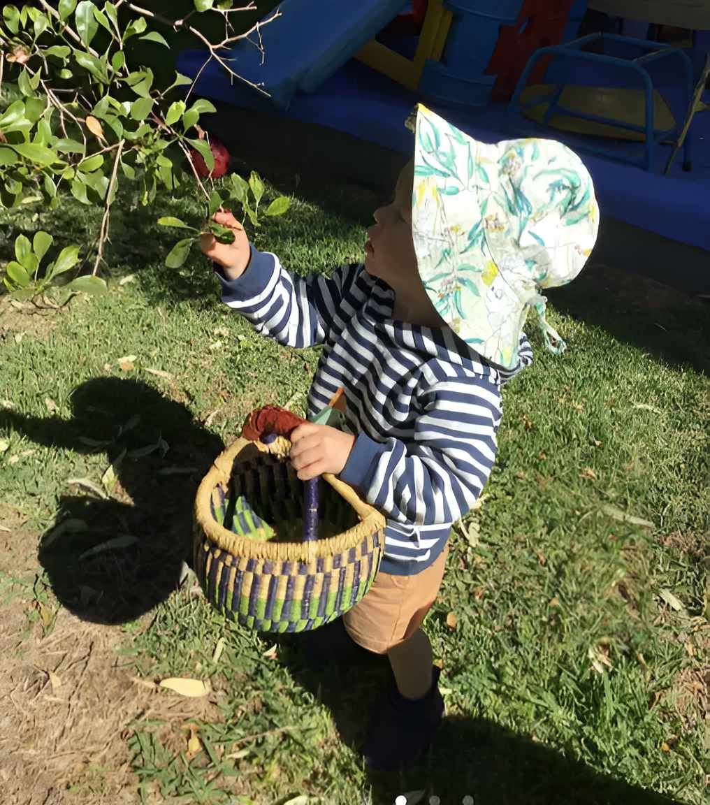 A Little Boy Wearing A Striped Shirt And A Hat Is Holding A Basket — Gap Community Early Learning Centre In The Gap, NT