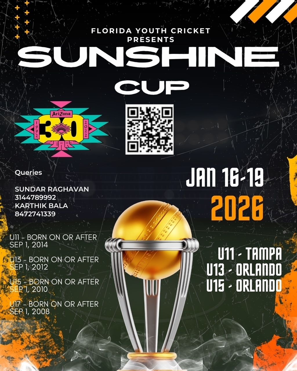 Sunshine Cup cricket tournament poster, 2026 dates, locations: Tampa, Orlando.