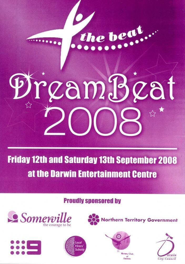 A purple poster for dreambeat 2008 at the darwin entertainment centre