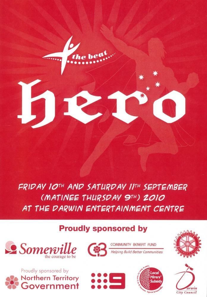 A red poster with the word hero on it
