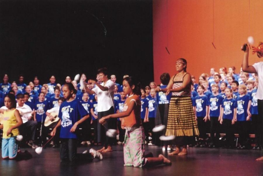 A group of children are dancing on a stage with a man holding a microphone