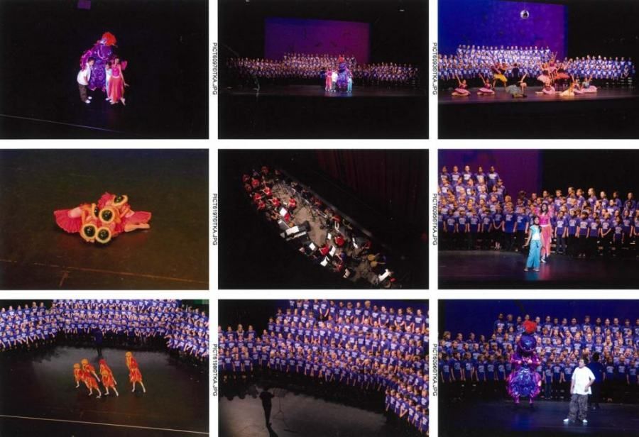 A collage of pictures of a choir and a clown on a stage