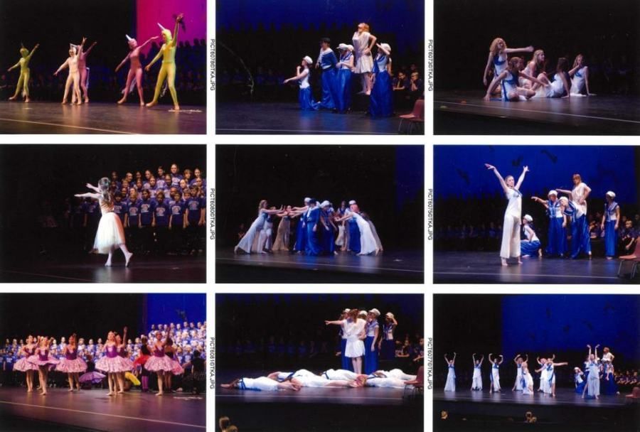 A collage of images of people dancing on a stage