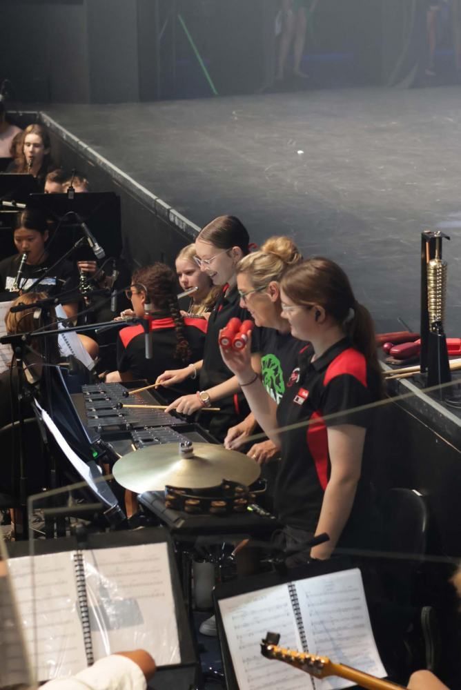 A group of people are playing instruments on a stage.