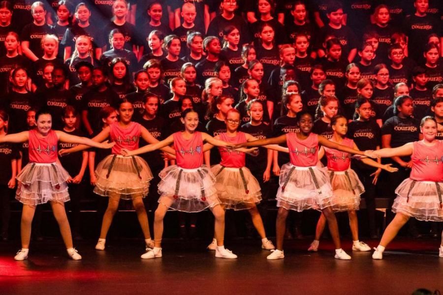 A group of young girls are dancing on a stage in front of a large choir.