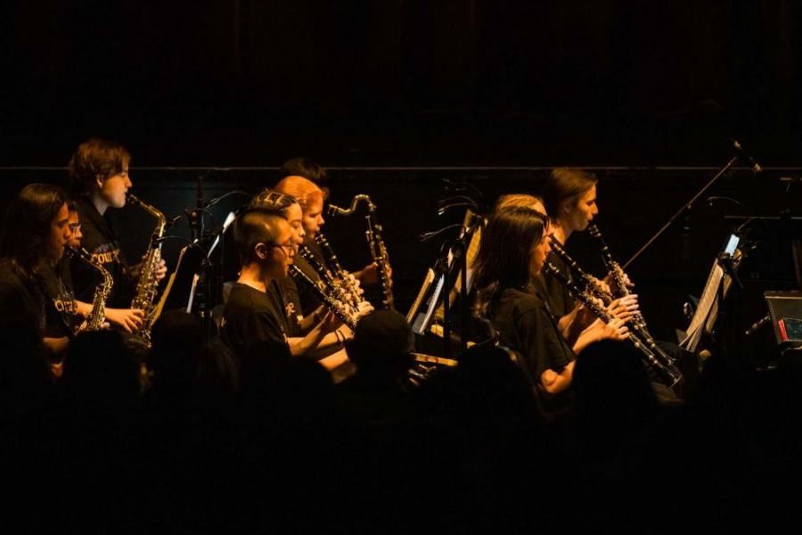 A group of people are playing saxophones and clarinets in a dark room.