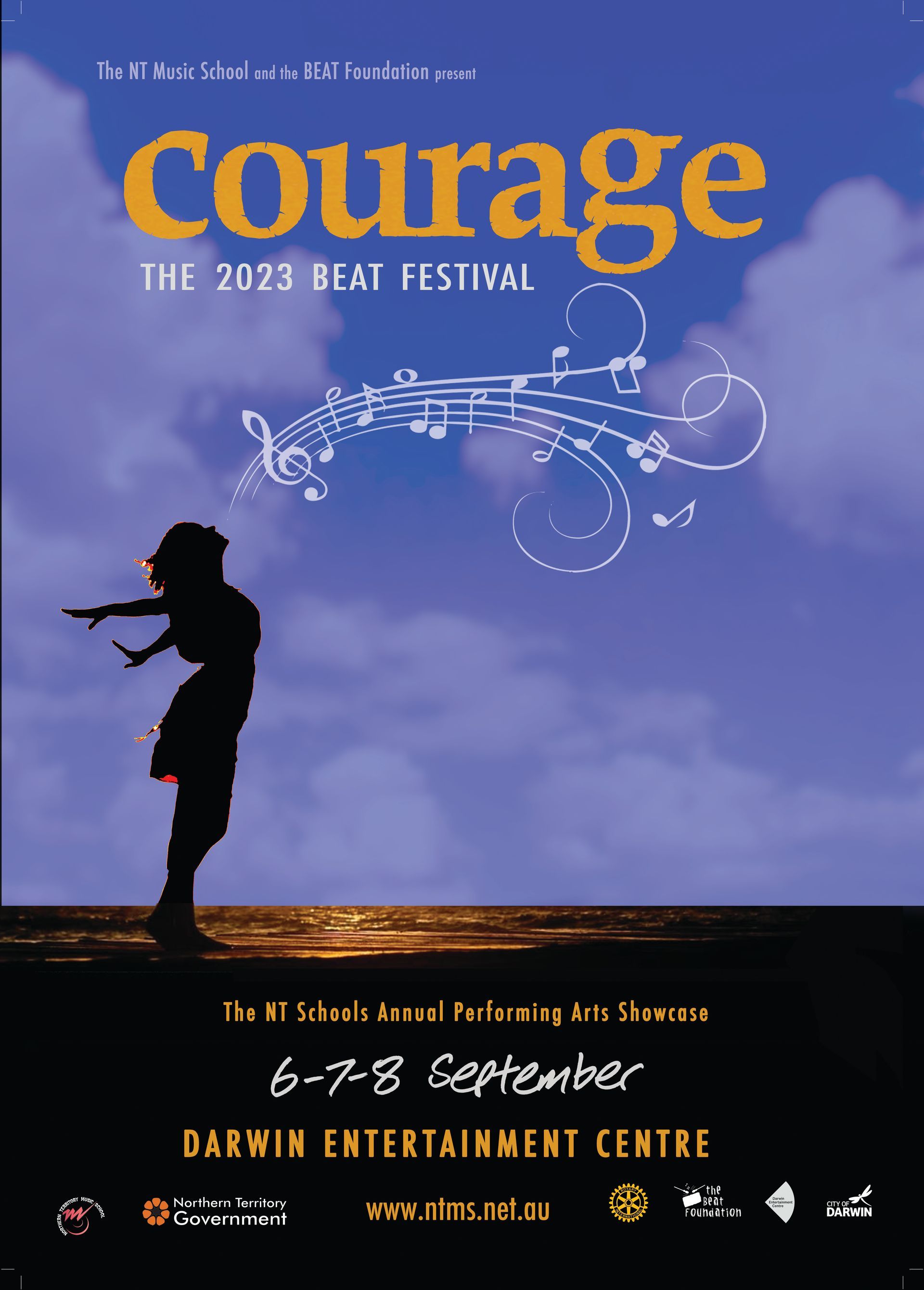 A poster for the courage festival shows a girl blowing music notes