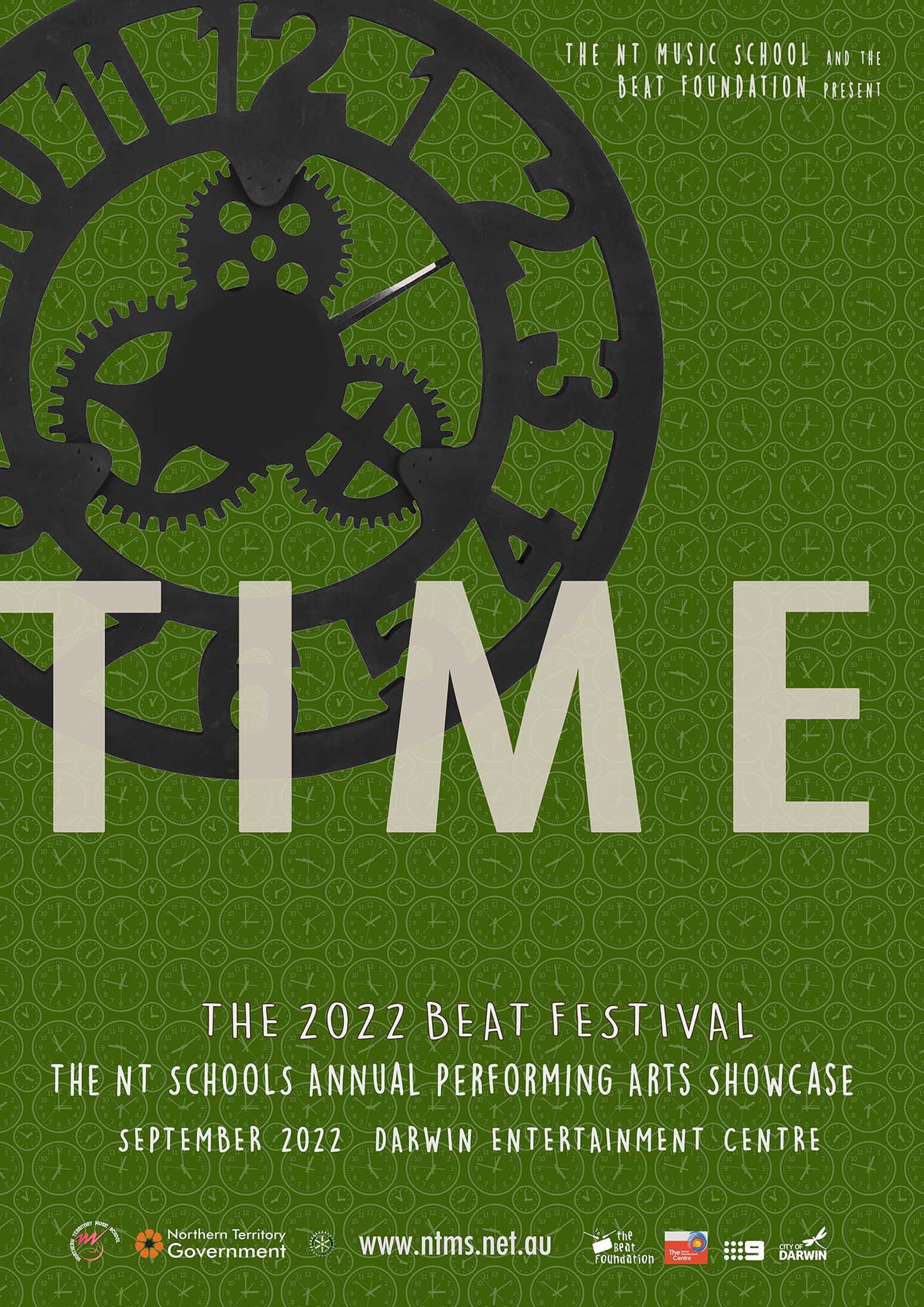 A green poster with the word time on it