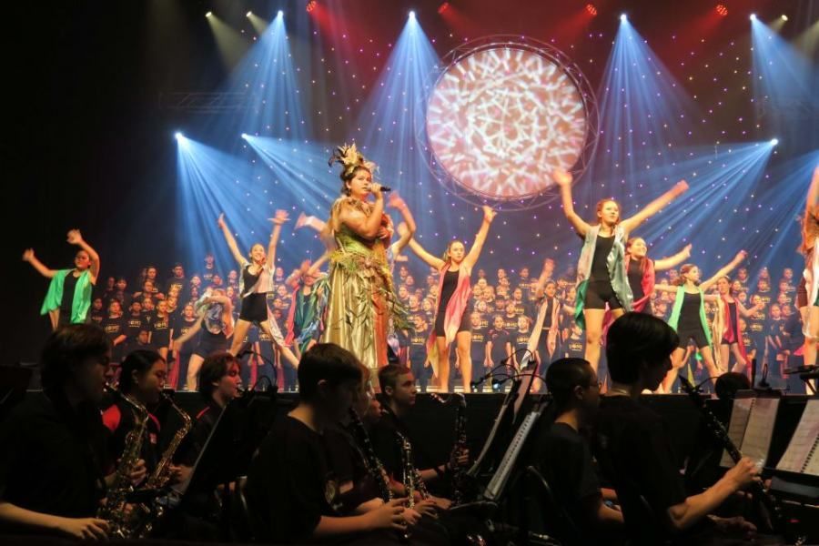A group of people are standing on a stage in front of an orchestra.