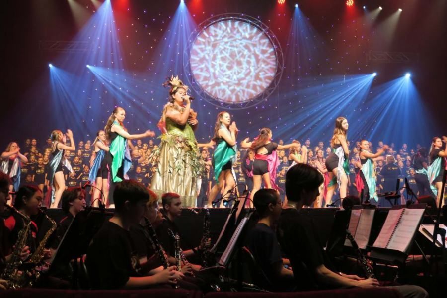 A group of people are standing on a stage in front of an orchestra.