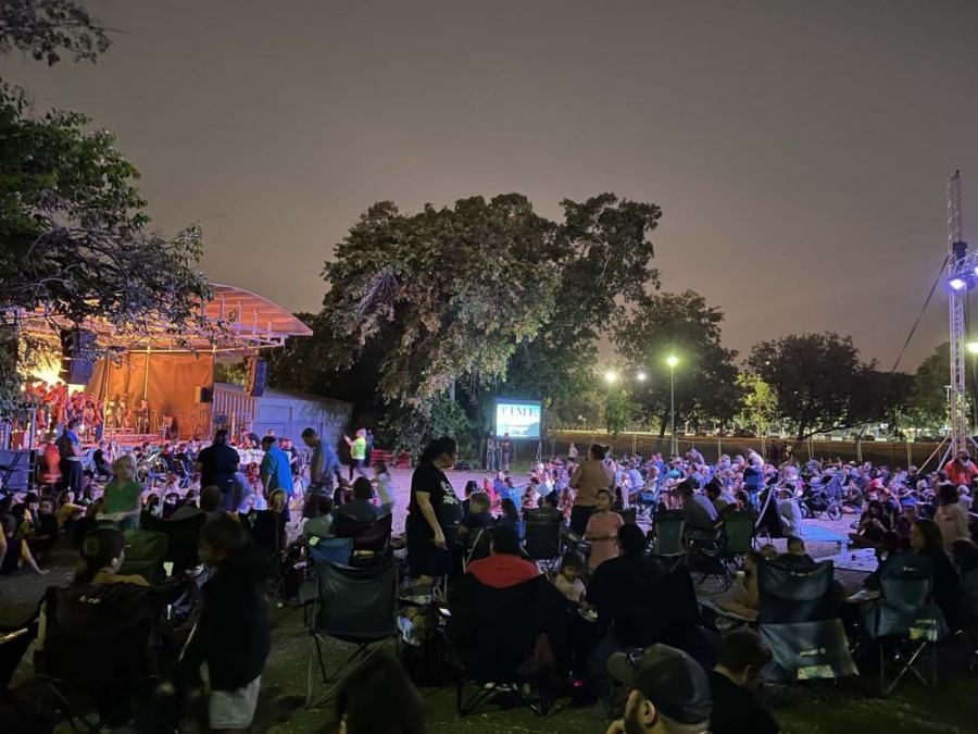 A large group of people are sitting in a park at night watching a fireworks display.