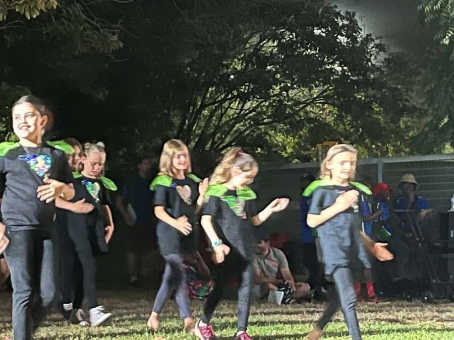 A group of young girls are dancing in a park.